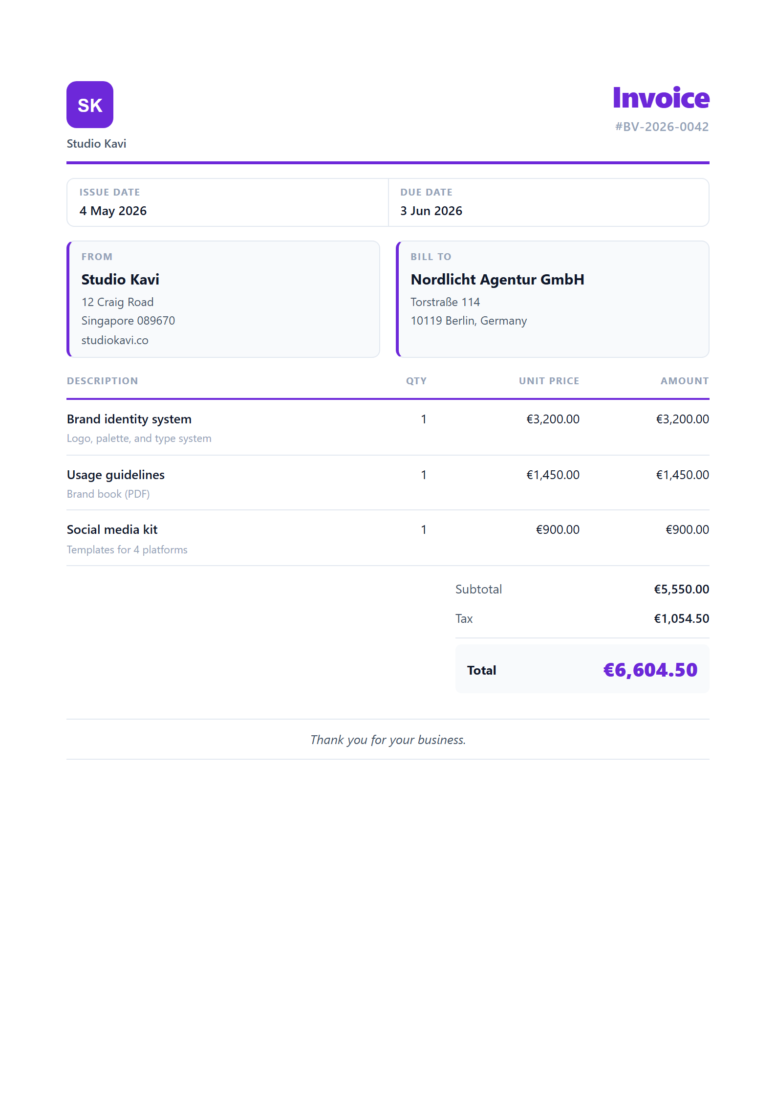 Sample invoice from a Singapore design studio billed in euros to a Berlin agency, with a custom logo and brand colour, showing a €6,604.50 total.