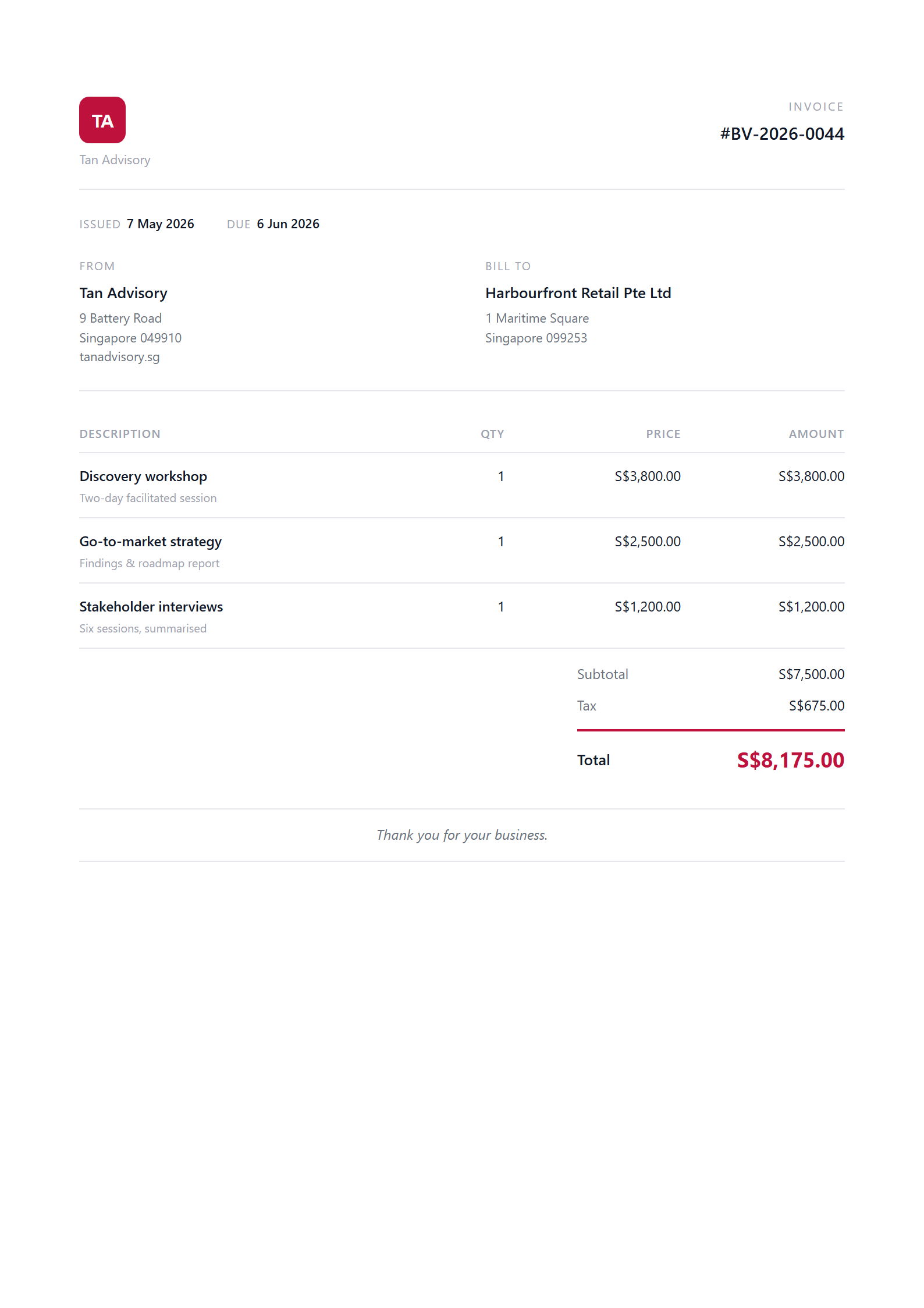 Sample invoice from a consultant billed in Singapore dollars to a local Singapore client, with a custom logo and brand colour, showing an S$8,175.00 total.