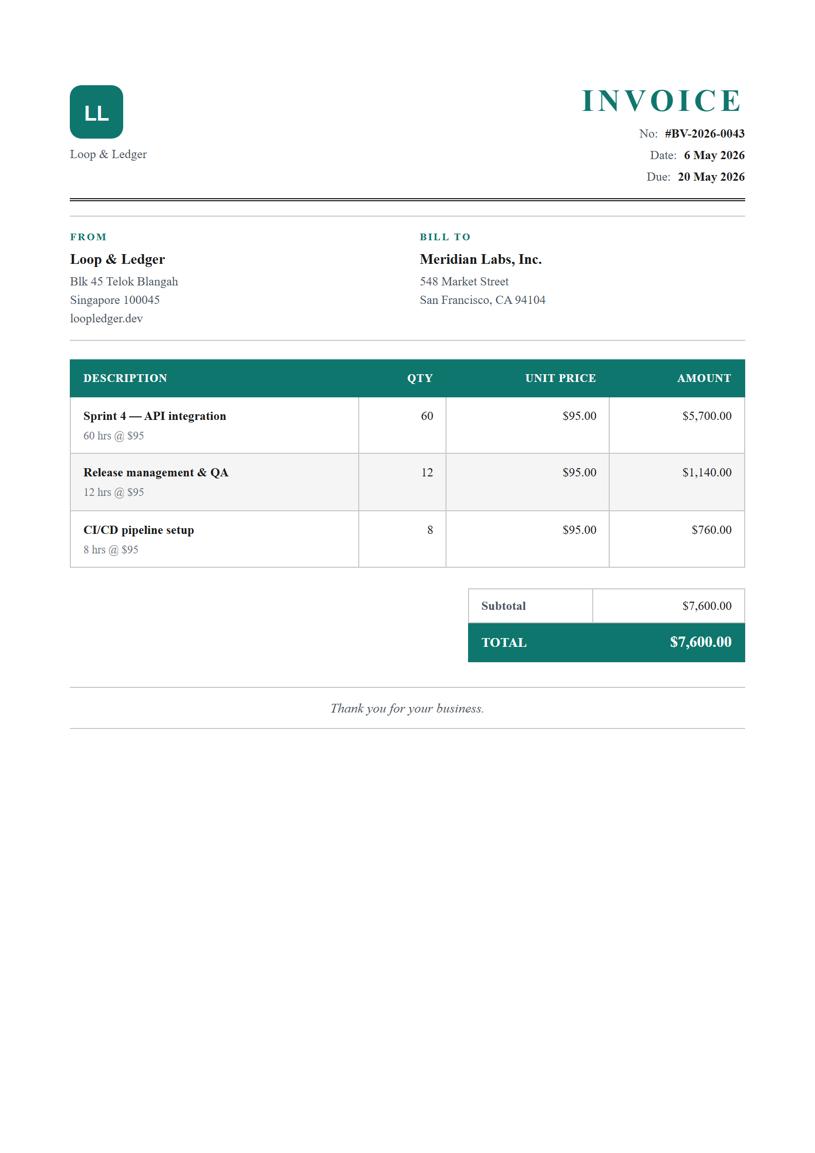 Sample invoice from a developer billed in US dollars to a San Francisco startup, with a custom logo and brand colour, showing a $7,600.00 total.
